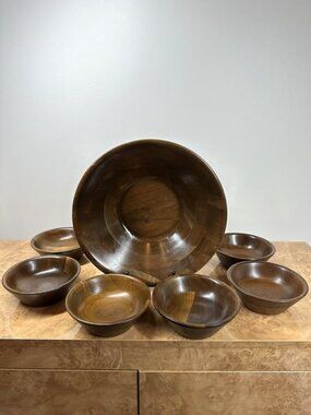 Vintage Vermillion Real Walnut 7 Pc Salad Bowl Set MCM Springfield Missouri